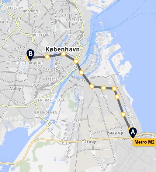 Map of Metro from Copenhagen Airport to Scandic Falkoner Hotel